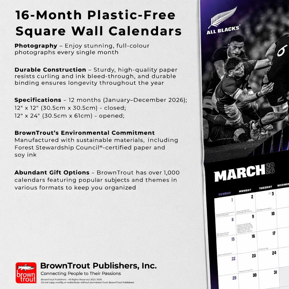 All Blacks OFFICIAL | 2026 12 x 24 Inch (Hanging) Monthly Square Wall Calendar