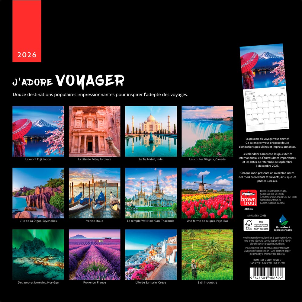 J'adore voyager | 2026 12 x 24 Inch (Hanging) Monthly Square Wall Calendar | French Language