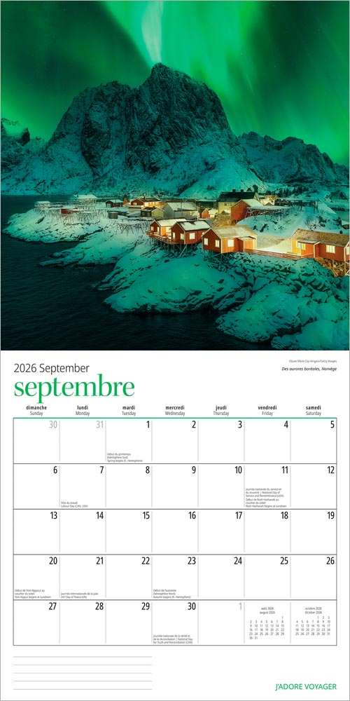 J'adore voyager | 2026 12 x 24 Inch (Hanging) Monthly Square Wall Calendar | French Language
