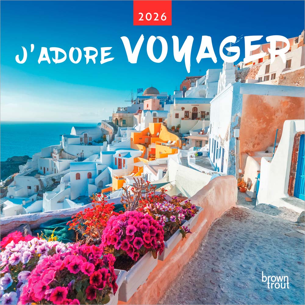 J'adore voyager | 2026 12 x 24 Inch (Hanging) Monthly Square Wall Calendar | French Language
