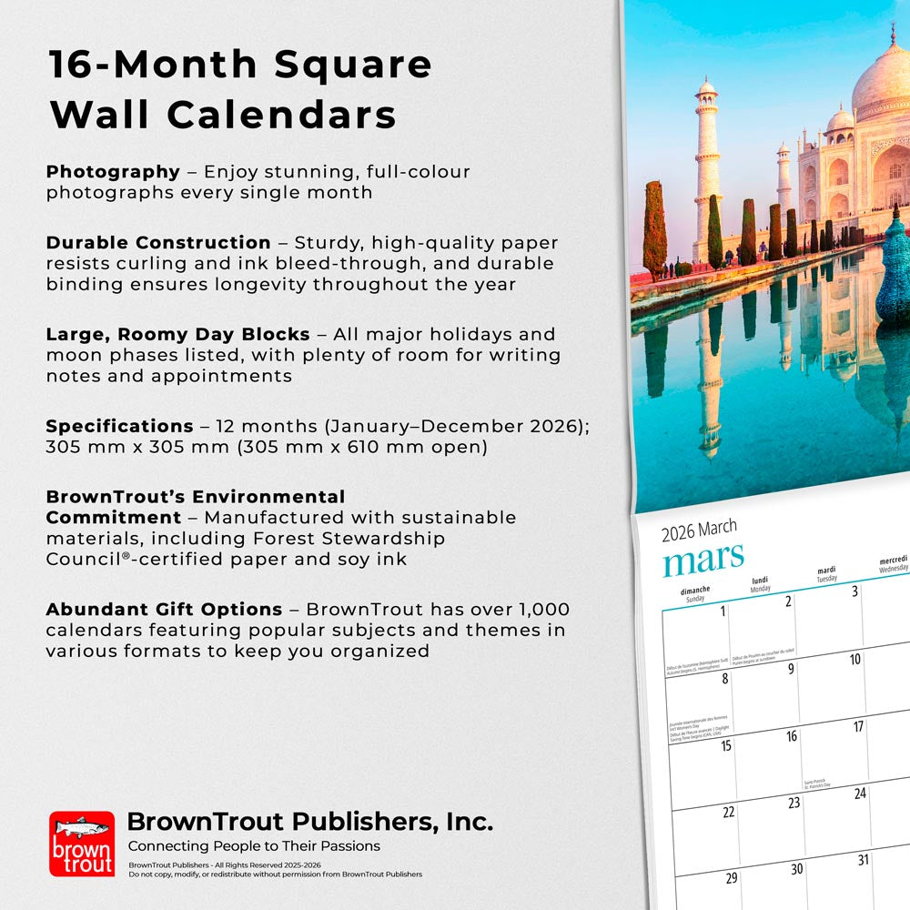 J'adore voyager | 2026 12 x 24 Inch (Hanging) Monthly Square Wall Calendar | French Language