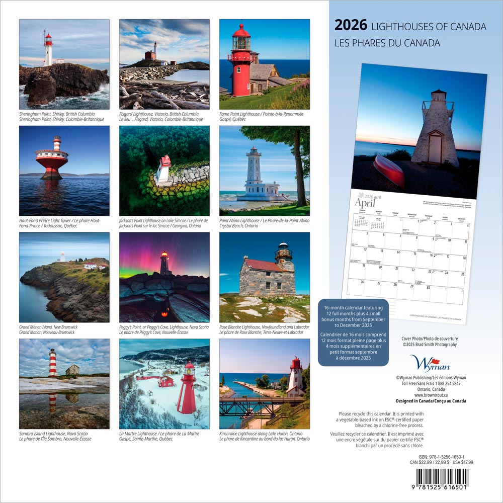 Lighthouses of Canada | 2026 12 x 24 Inch (Hanging) Monthly Square Wall Calendar | English/French Bilingual