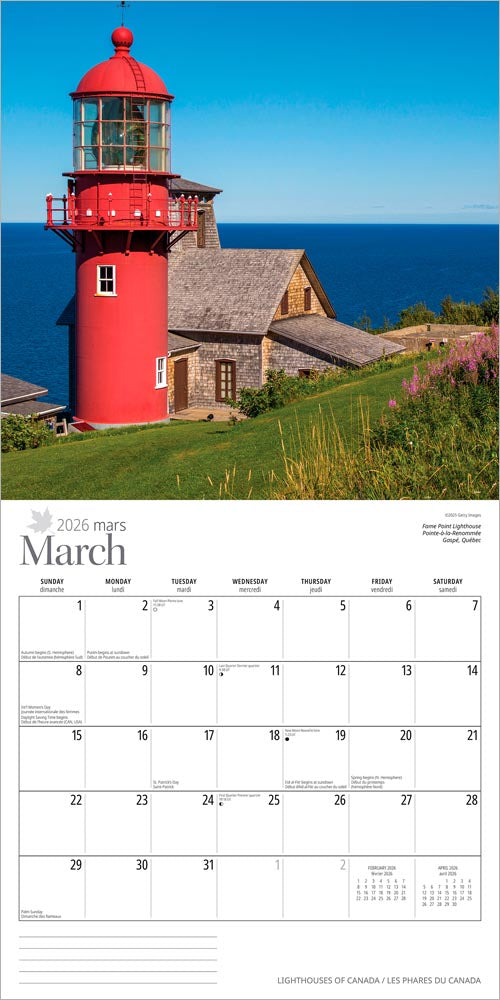 Lighthouses of Canada | 2026 12 x 24 Inch (Hanging) Monthly Square Wall Calendar | English/French Bilingual