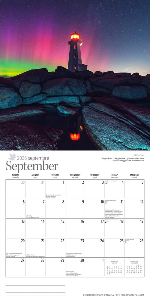 Lighthouses of Canada | 2026 12 x 24 Inch (Hanging) Monthly Square Wall Calendar | English/French Bilingual