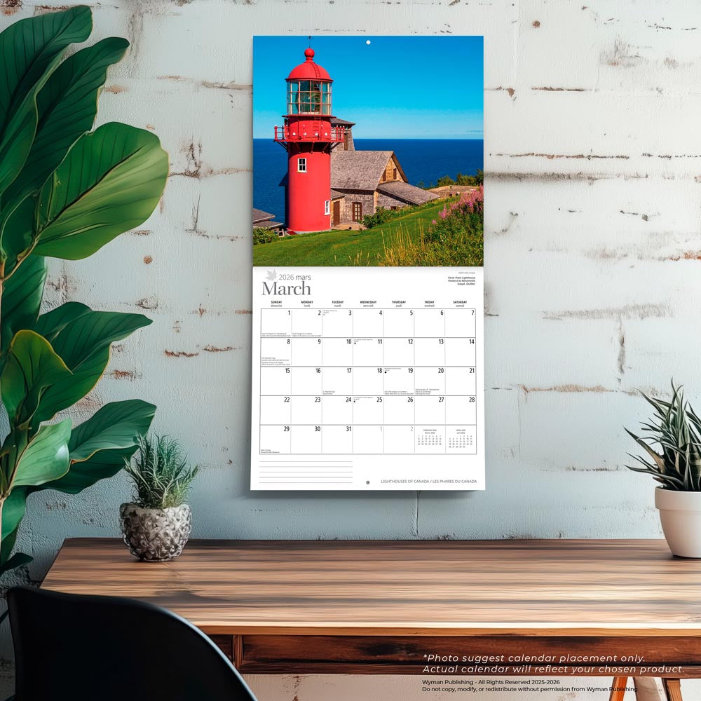 Lighthouses of Canada | 2026 12 x 24 Inch (Hanging) Monthly Square Wall Calendar | English/French Bilingual