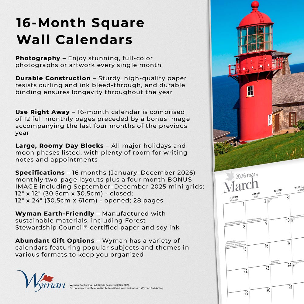 Lighthouses of Canada | 2026 12 x 24 Inch (Hanging) Monthly Square Wall Calendar | English/French Bilingual