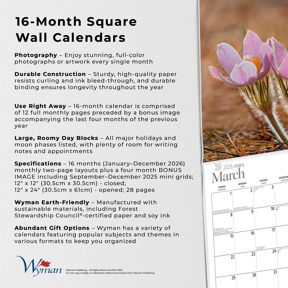 Wildflowers of Canada | 2026 12 x 24 Inch (Hanging) Monthly Square Wall Calendar | English/French Bilingual