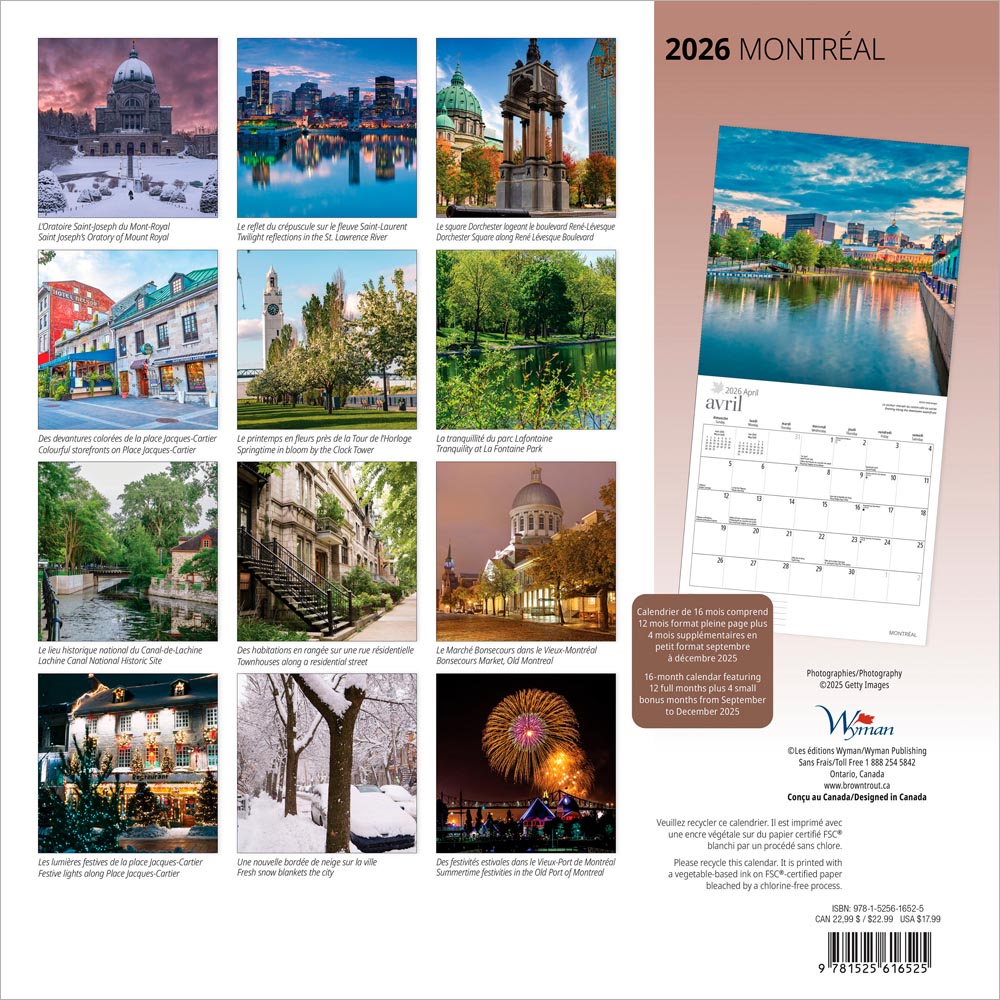 Montreal | 2026 12 x 24 Inch (Hanging) Monthly Square Wall Calendar | English/French Bilingual