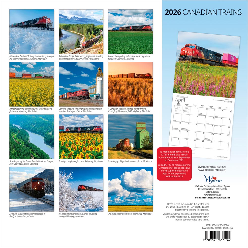 Canadian Trains | 2026 12 x 24 Inch (Hanging) Monthly Square Wall Calendar | Foil Stamped Cover