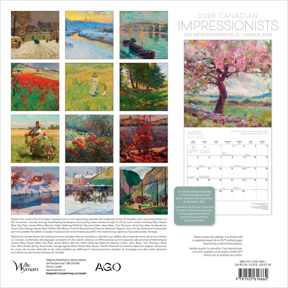 Canadian Impressionists AGO OFFICIAL | 2026 12 x 24 Inch (Hanging) Monthly Square Wall Calendar | English/French Bilingual