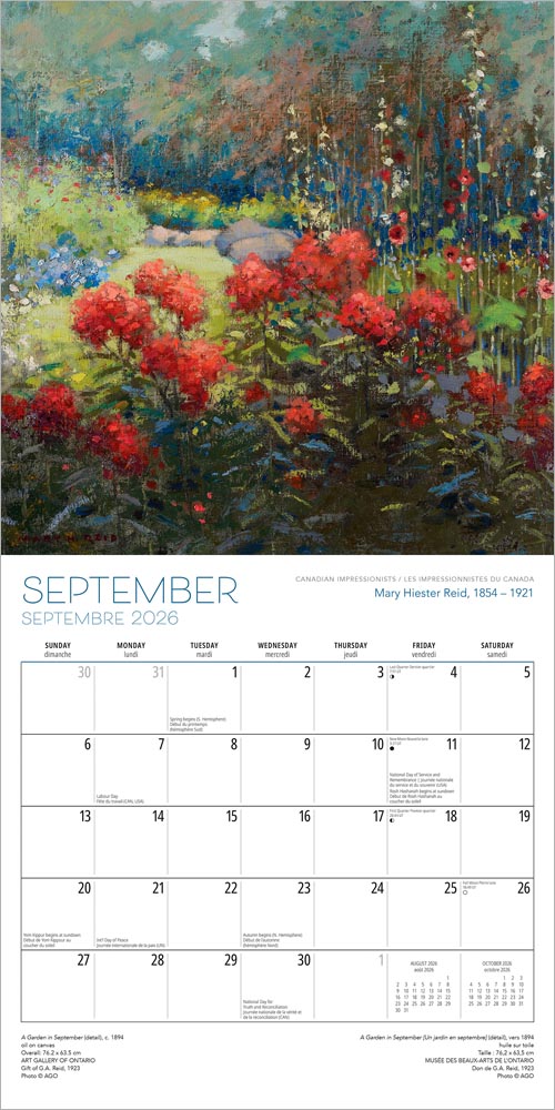 Canadian Impressionists AGO OFFICIAL | 2026 12 x 24 Inch (Hanging) Monthly Square Wall Calendar | English/French Bilingual