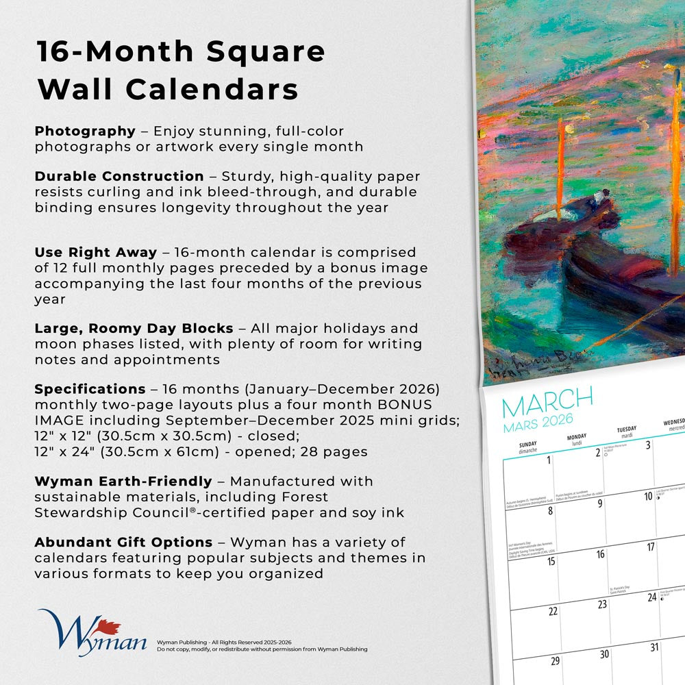 Canadian Impressionists AGO OFFICIAL | 2026 12 x 24 Inch (Hanging) Monthly Square Wall Calendar | English/French Bilingual