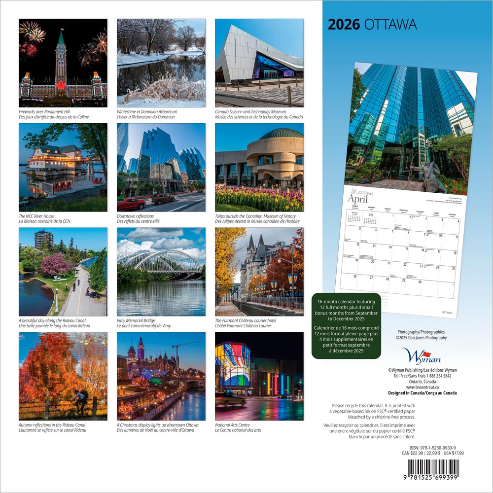 Ottawa | 2026 12 x 24 Inch (Hanging) Monthly Square Wall Calendar | English/French Bilingual