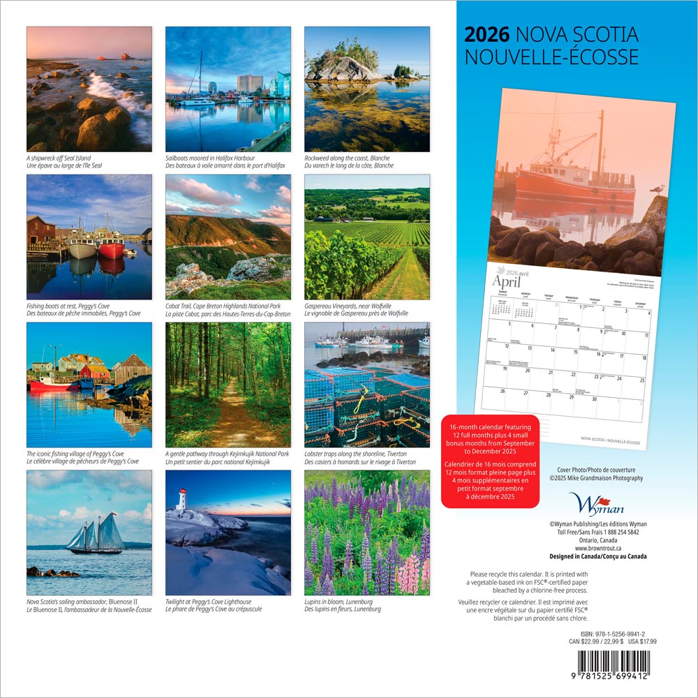 Nova Scotia | 2026 12 x 24 Inch (Hanging) Monthly Square Wall Calendar | English/French Bilingual