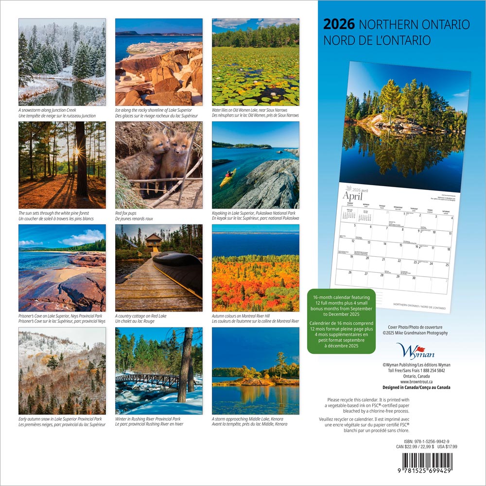 Northern Ontario | 2026 12 x 24 Inch (Hanging) Monthly Square Wall Calendar | English/French Bilingual