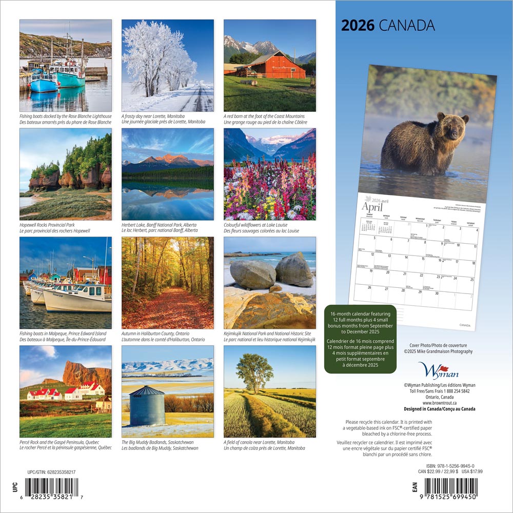 Canada | 2026 12 x 24 Inch (Hanging) Monthly Square Wall Calendar | English/French Bilingual