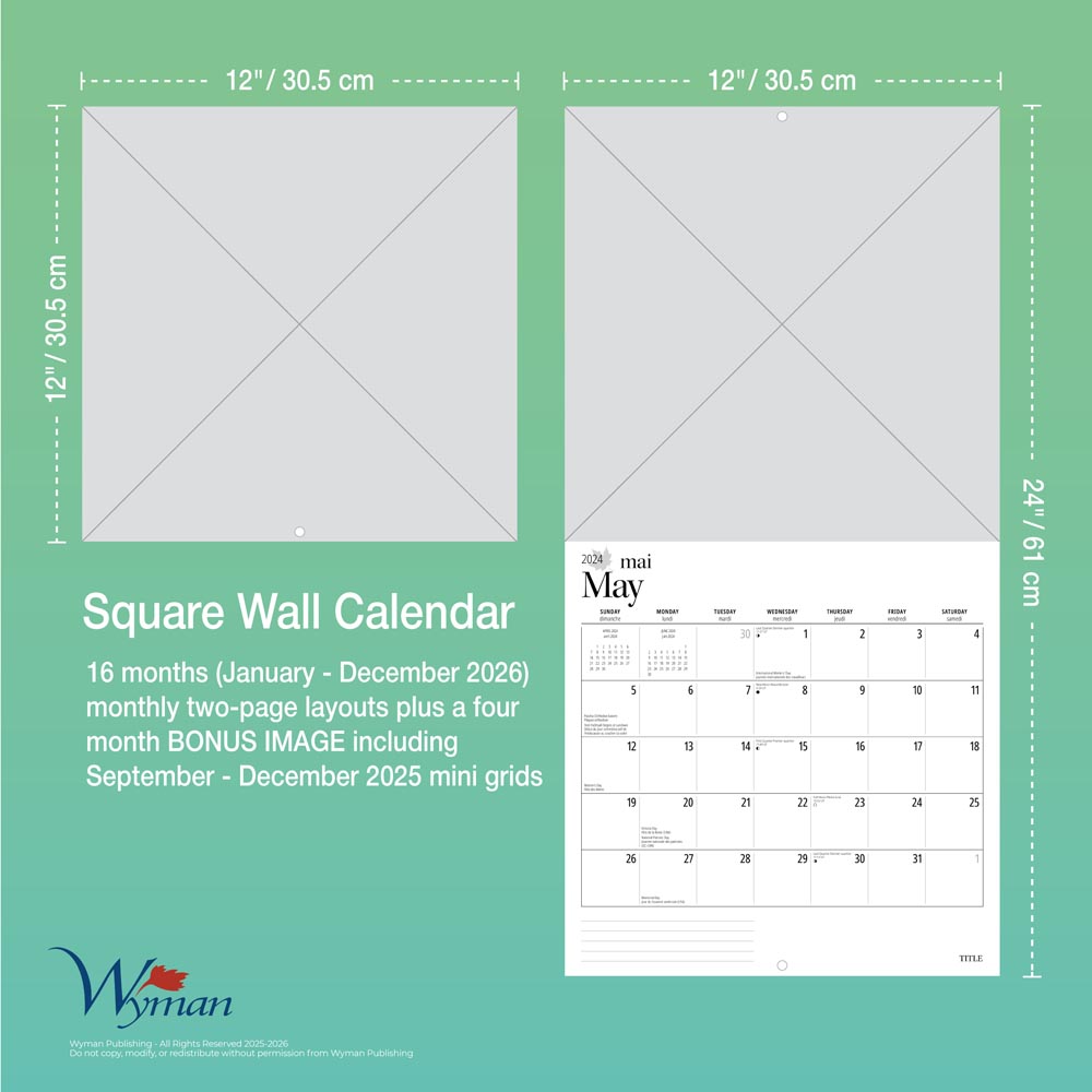 Canada | 2026 12 x 24 Inch (Hanging) Monthly Square Wall Calendar | English/French Bilingual