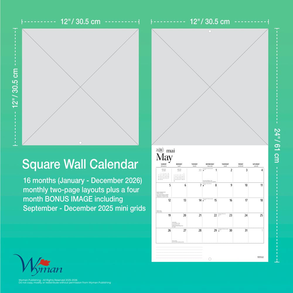Vancouver | 2026 12 x 24 Inch (Hanging) Monthly Square Wall Calendar