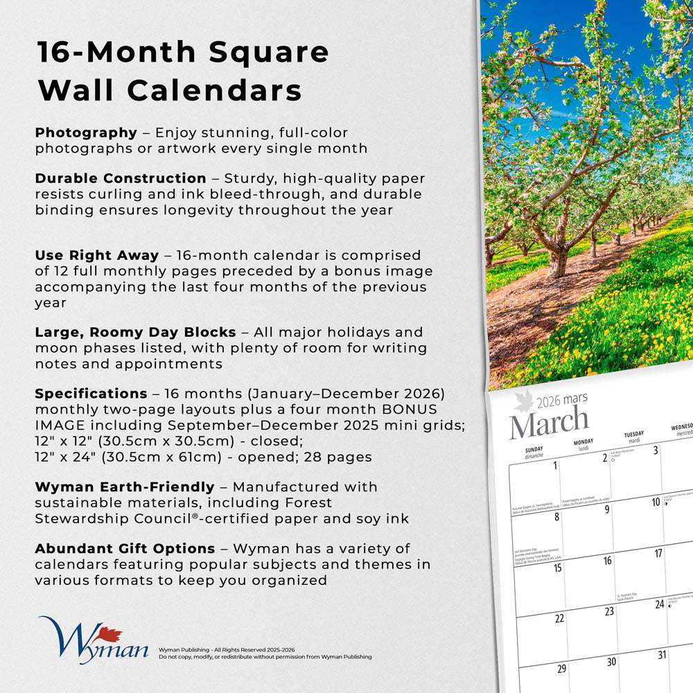 Okanagan Valley | 2026 12 x 24 Inch (Hanging) Monthly Square Wall Calendar