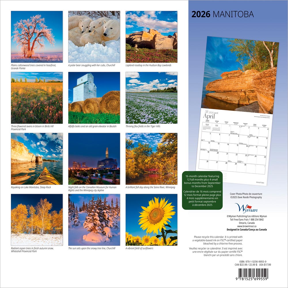 Manitoba | 2026 12 x 24 Inch (Hanging) Monthly Square Wall Calendar