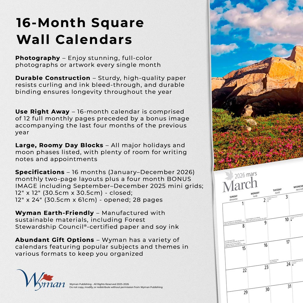 Manitoba | 2026 12 x 24 Inch (Hanging) Monthly Square Wall Calendar