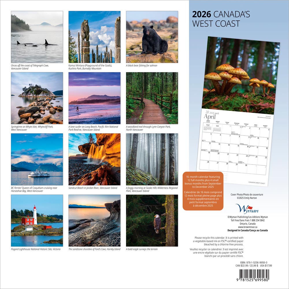 Canada's West Coast | 2026 12 x 24 Inch (Hanging) Monthly Square Wall Calendar