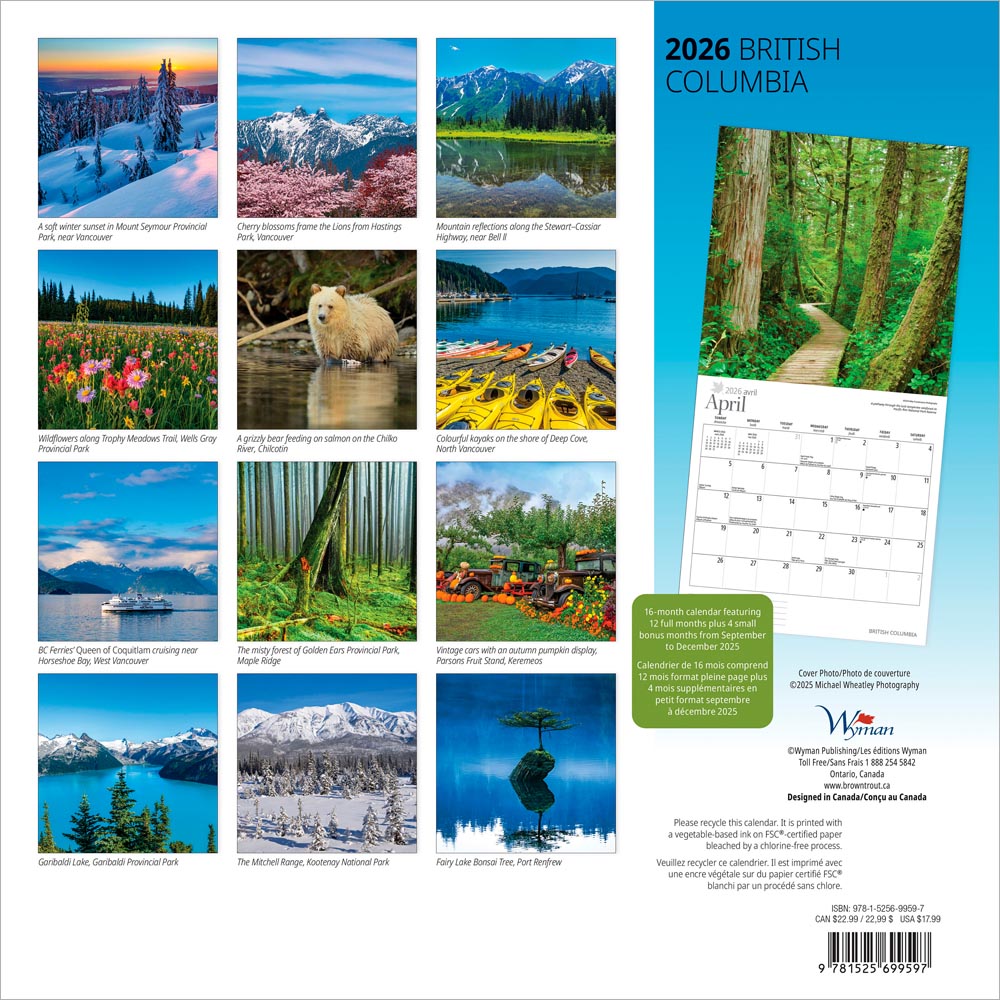 British Columbia | 2026 12 x 24 Inch (Hanging) Monthly Square Wall Calendar