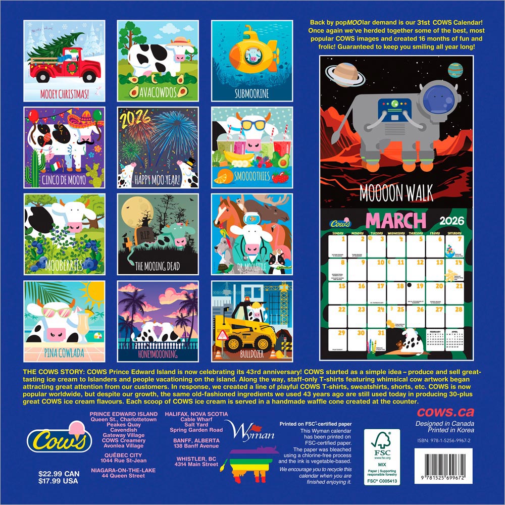 Cows Creamery OFFICIAL | 2026 12 x 24 Inch (Hanging) Monthly Square Wall Calendar