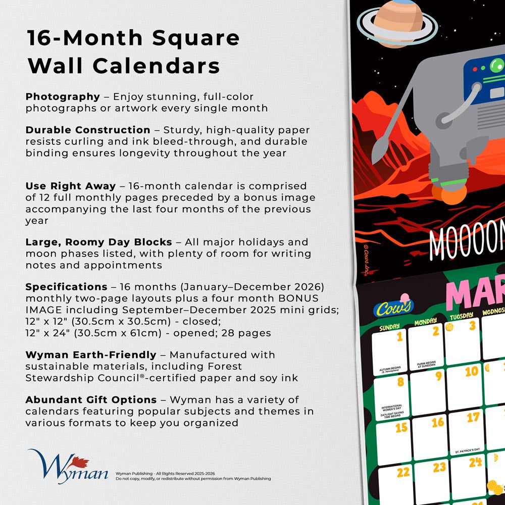 Cows Creamery OFFICIAL | 2026 12 x 24 Inch (Hanging) Monthly Square Wall Calendar