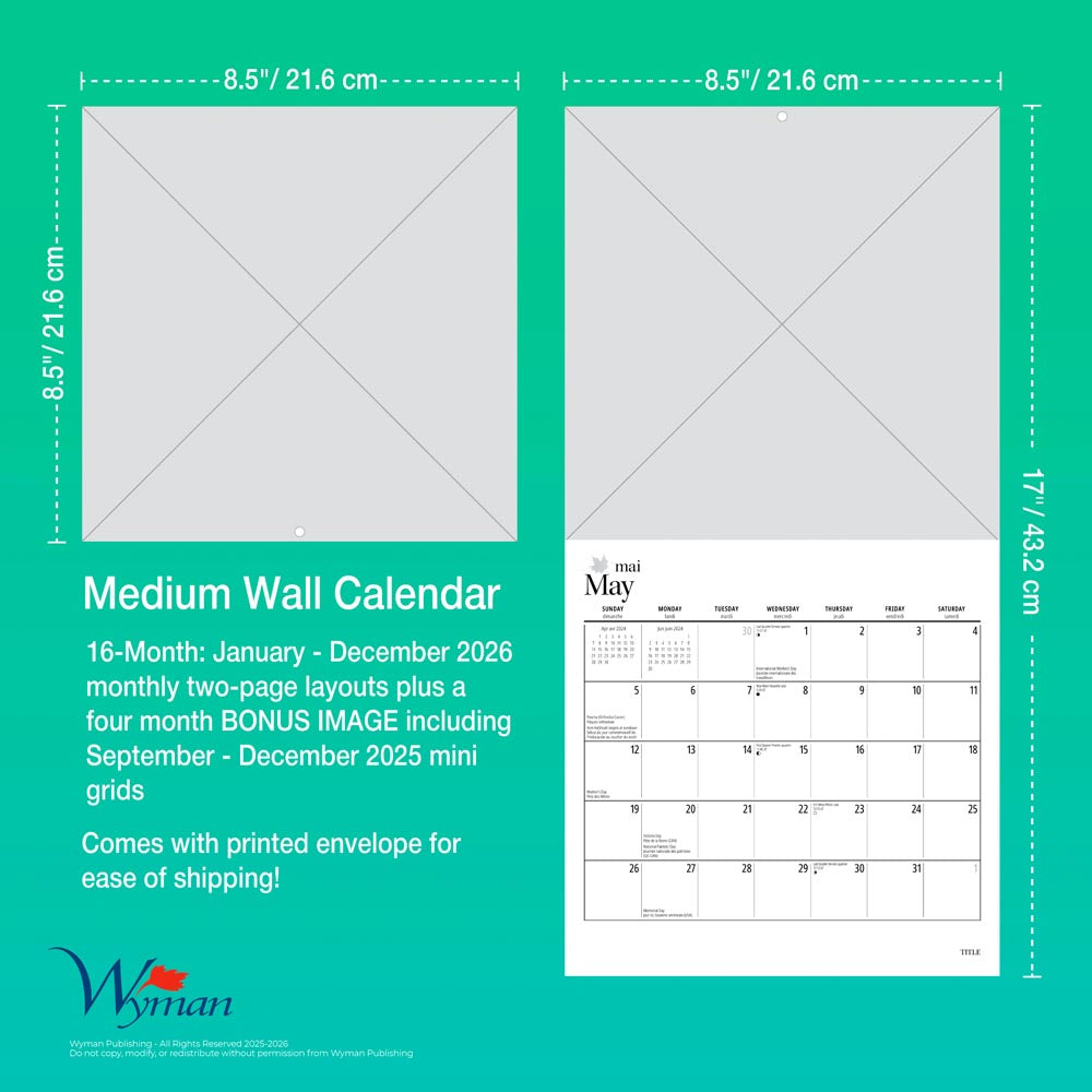 The Group of Seven AGO OFFICIAL | 2026 8.5 x 8.5 Inch Monthly Medium Wall Calendar | Envelope | English/French Bilingual