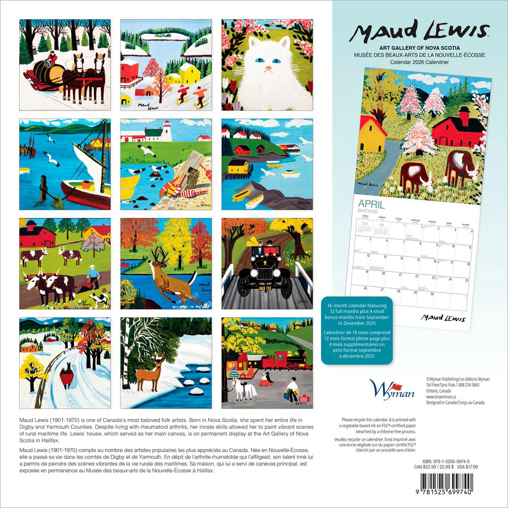 Maud Lewis AGNS OFFICIAL | 2026 12 x 24 Inch (Hanging) Monthly Square Wall Calendar | English/French Bilingual