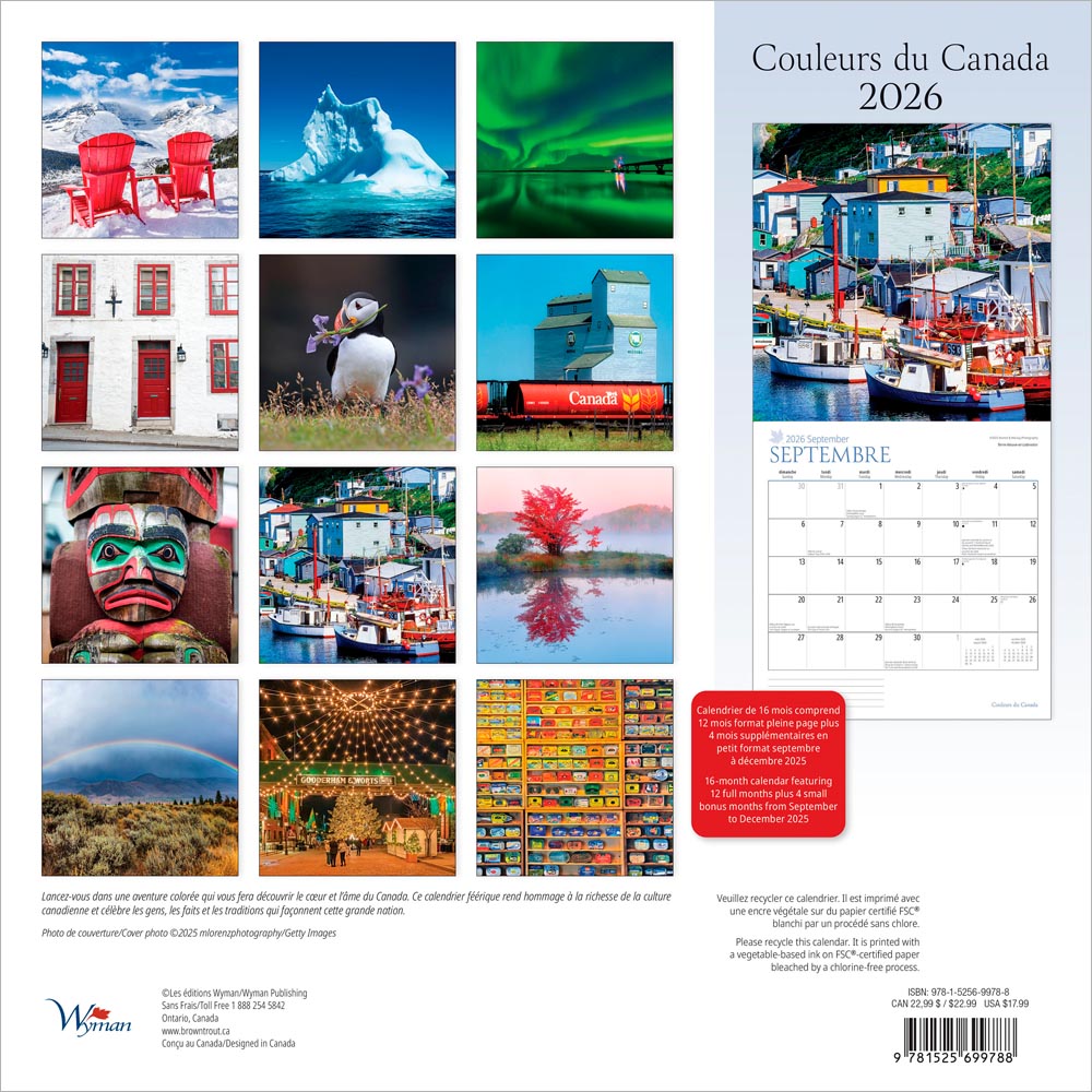 Couleurs du Canada | 2026 12 x 24 Inch (Hanging) Monthly Square Wall Calendar | French Language