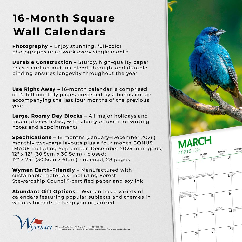 Canadian Geographic Birds OFFICIAL | 2026 12 x 24 Inch (Hanging) Monthly Square Wall Calendar | Foil Stamped Cover