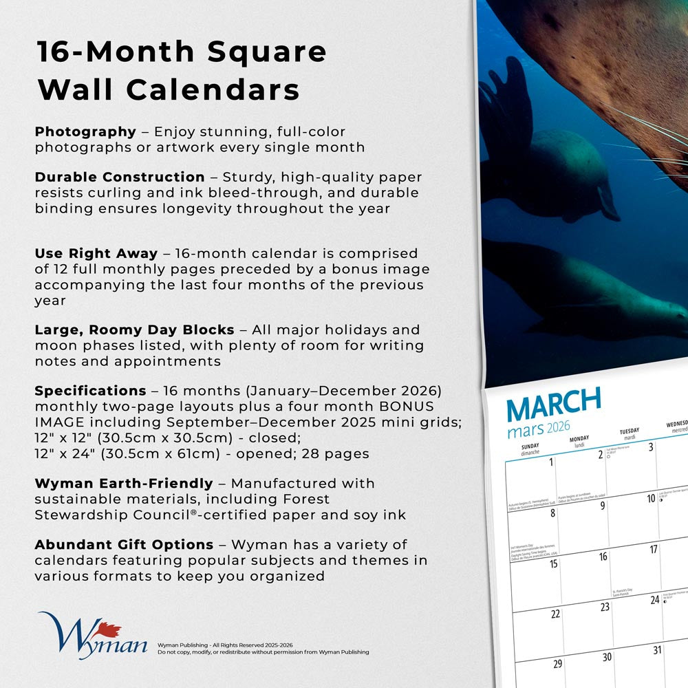 Canadian Geographic Wildlife OFFICIAL | 2026 12 x 24 Inch (Hanging) Monthly Square Wall Calendar | Foil Stamped Cover