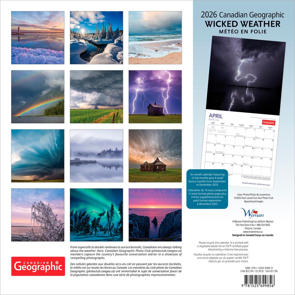 Canadian Geographic Wicked Weather OFFICIAL | 2026 12 x 24 Inch (Hanging) Monthly Square Wall Calendar | Foil Stamped Cover | English/French Bilingual
