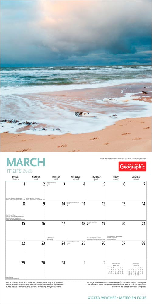 Canadian Geographic Wicked Weather OFFICIAL | 2026 12 x 24 Inch (Hanging) Monthly Square Wall Calendar | Foil Stamped Cover | English/French Bilingual