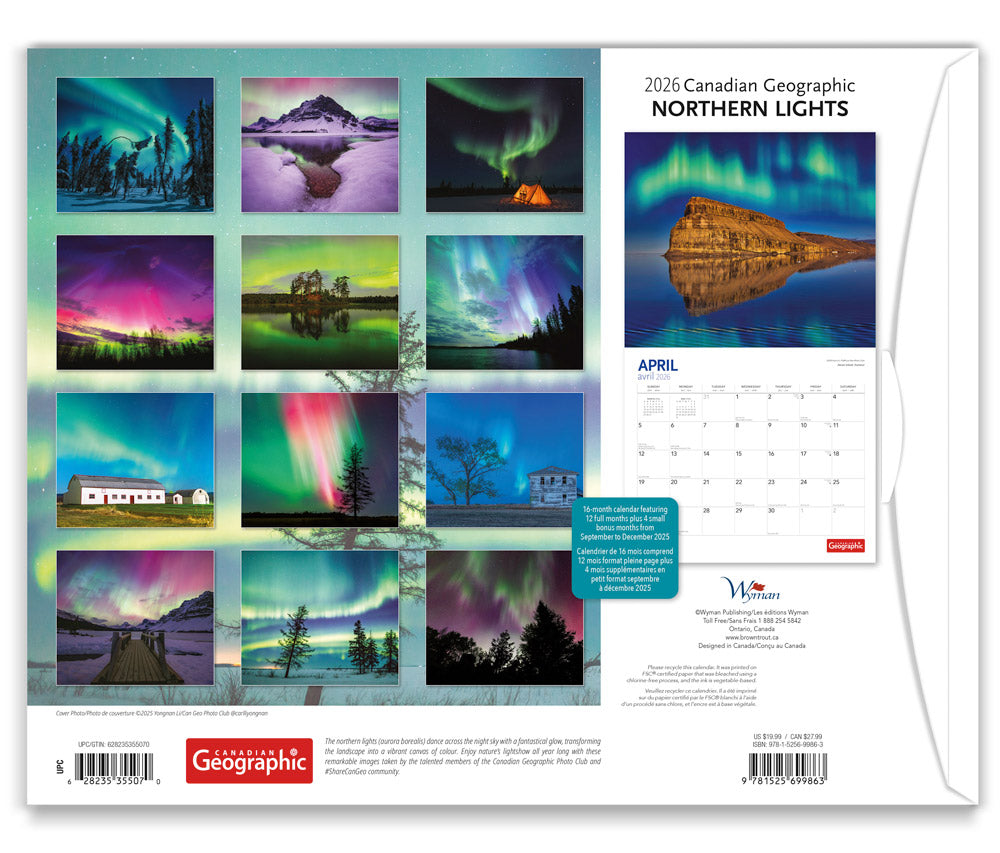 Canadian Geographic Northern Lights OFFICIAL | 2026 14 x 24 Inch (Hanging) Monthly Deluxe Wall Calendar | Foil Stamped Cover and Envelope