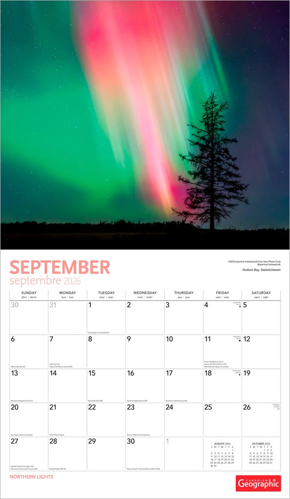 Canadian Geographic Northern Lights OFFICIAL | 2026 14 x 24 Inch (Hanging) Monthly Deluxe Wall Calendar | Foil Stamped Cover and Envelope
