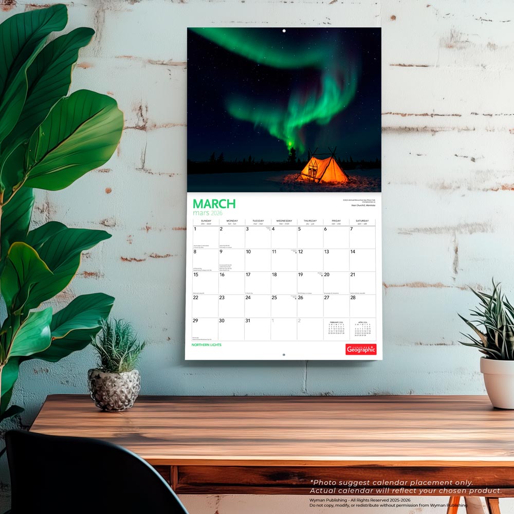 Canadian Geographic Northern Lights OFFICIAL | 2026 14 x 24 Inch (Hanging) Monthly Deluxe Wall Calendar | Foil Stamped Cover and Envelope