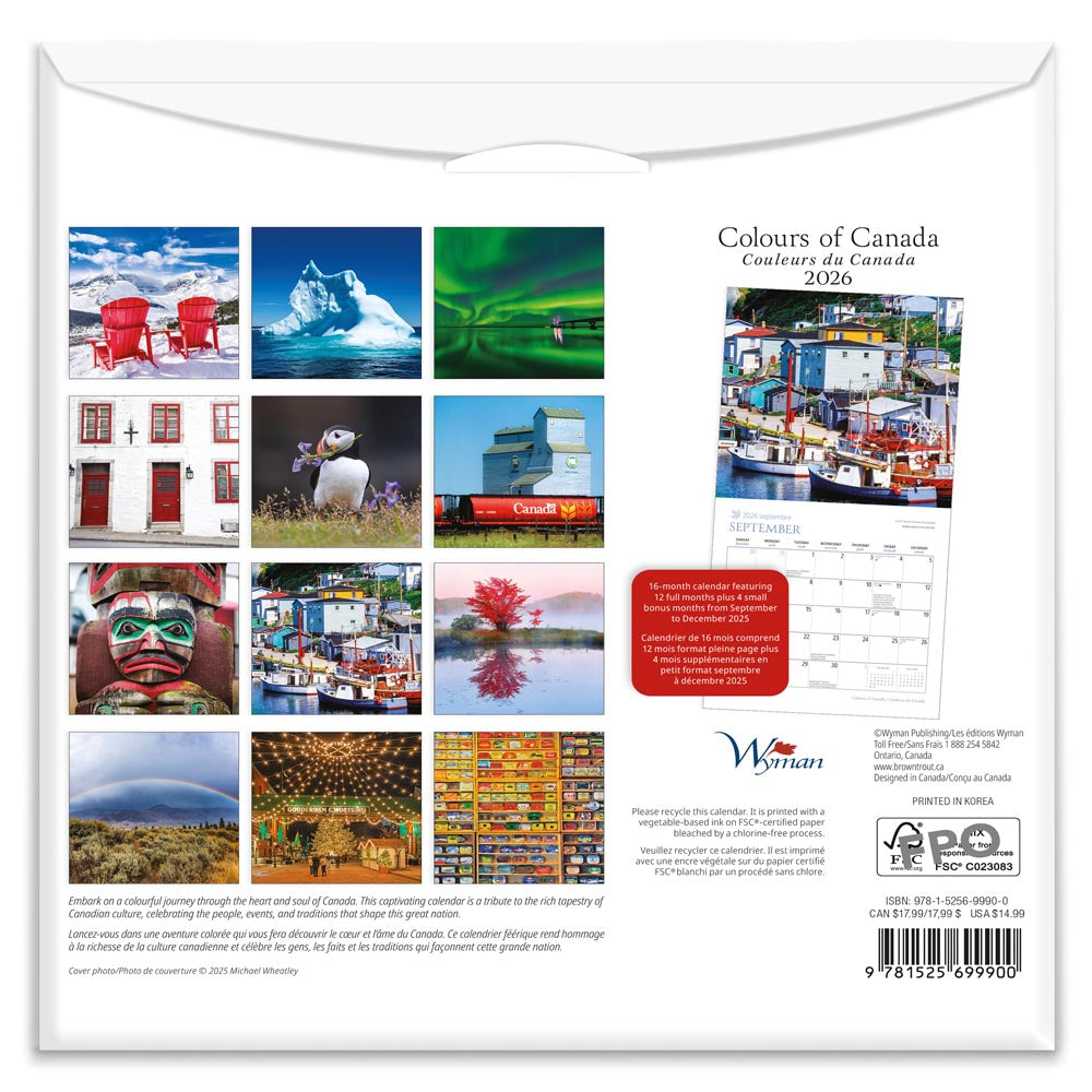 Colours of Canada | 2026 8.5 x 8.5 Inch Monthly Medium Wall Calendar | Envelope | English/French Bilingual
