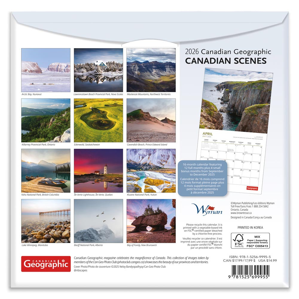 Canadian Geographic Scenes OFFICIAL | 2026 8.5 x 8.5 Inch Monthly Medium Wall Calendar | Envelope