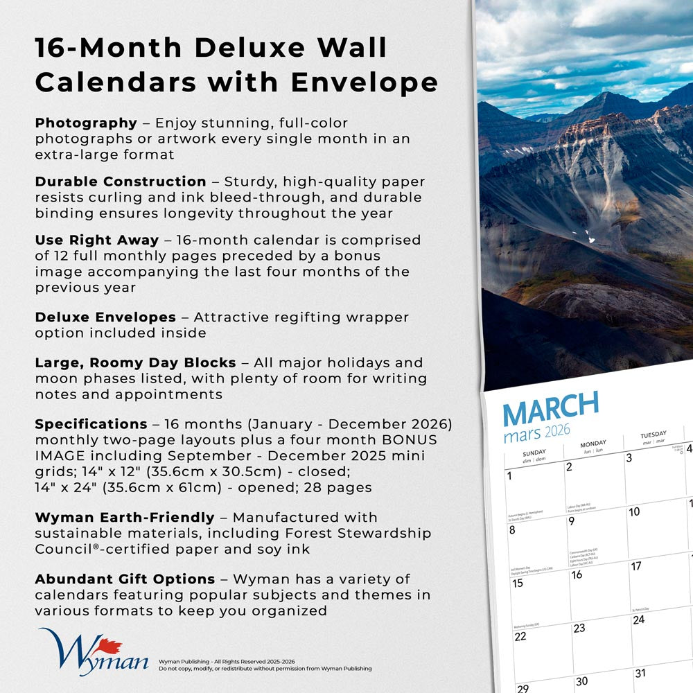 Canadian Geographic Landscapes OFFICIAL | 2026 14 x 24 Inch (Hanging) Monthly Deluxe Wall Calendar | Envelope