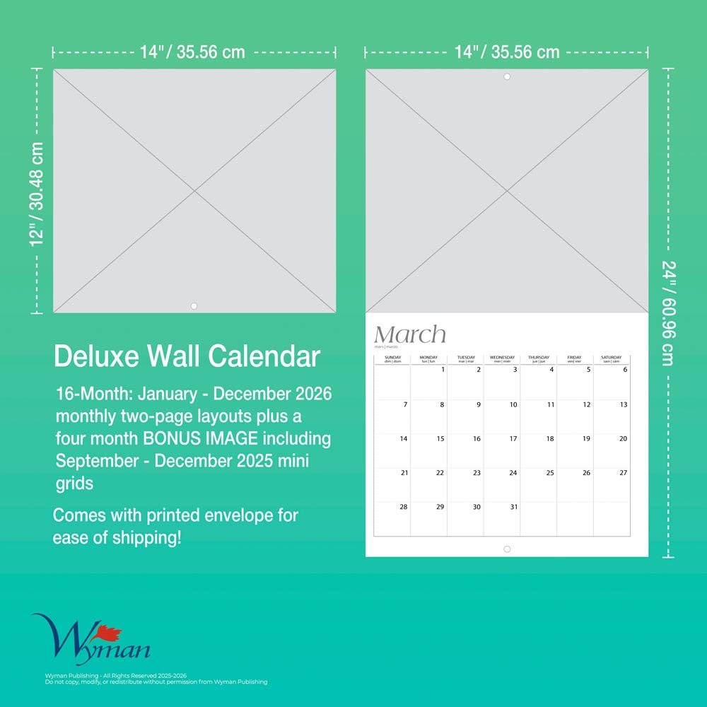 Canadian Geographic Landscapes OFFICIAL | 2026 14 x 24 Inch (Hanging) Monthly Deluxe Wall Calendar | Envelope