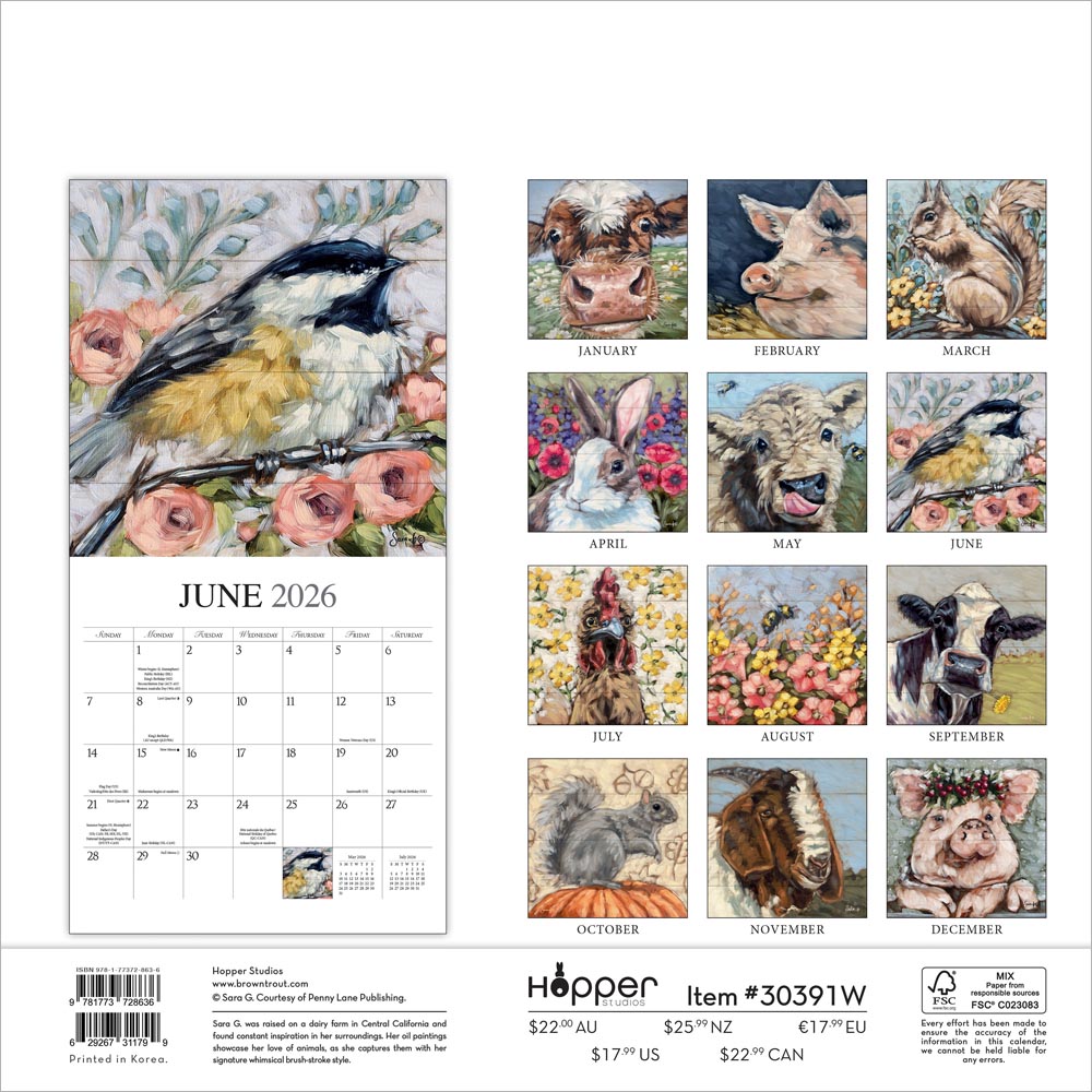 Barnyard Friends | 2026 12 x 24 Inch (Hanging) Monthly Square Wall Calendar | Featuring the Artwork of Molly Strong