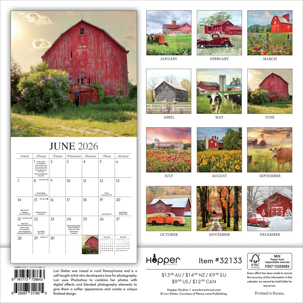Beckoning Barns | 2026 7 x 14 Inch (Hanging) Monthly Mini Wall Calendar | Featuring the Artwork of Lori Deiter