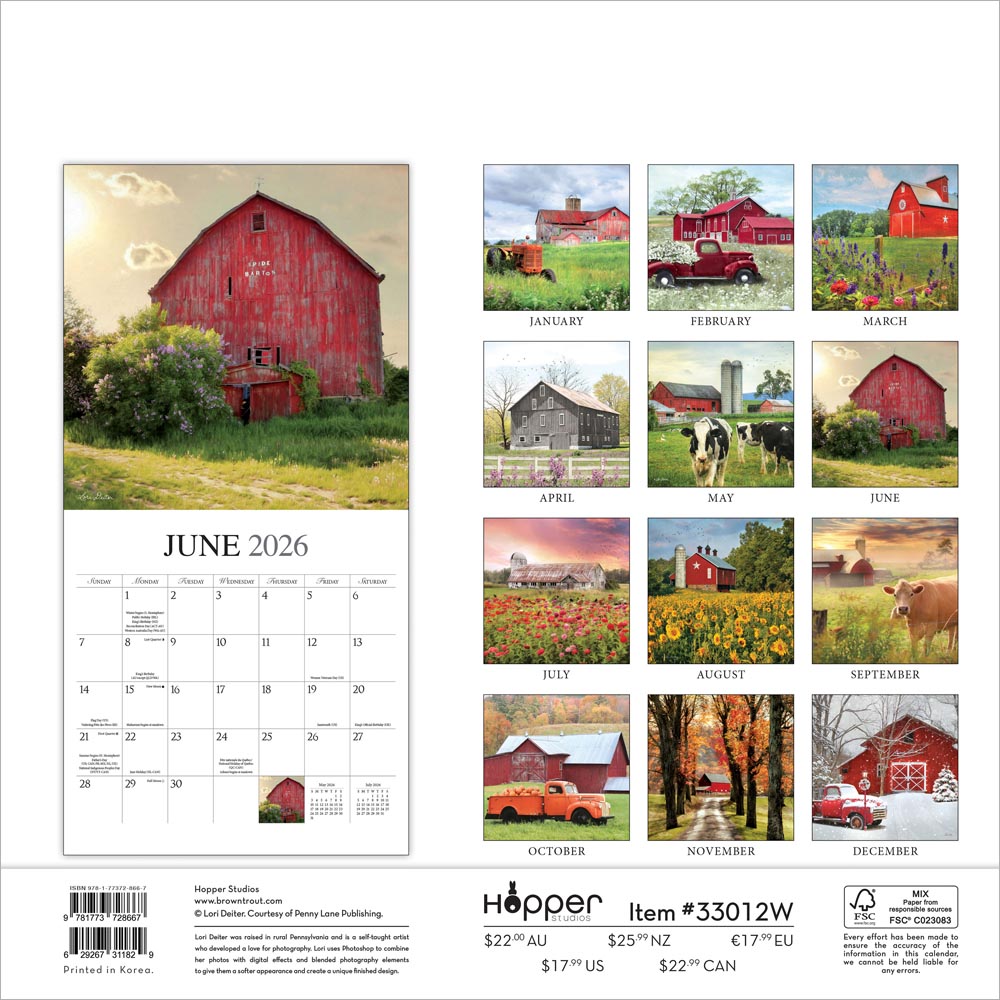 Beckoning Barns | 2026 12 x 24 Inch (Hanging) Monthly Square Wall Calendar | Featuring the Artwork of Lori Deiter