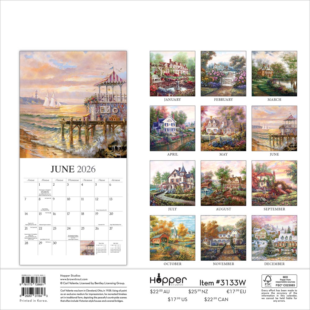 Bygone Days | 2026 12 x 24 Inch (Hanging) Monthly Square Wall Calendar | Featuring the Artwork of Carl Valente