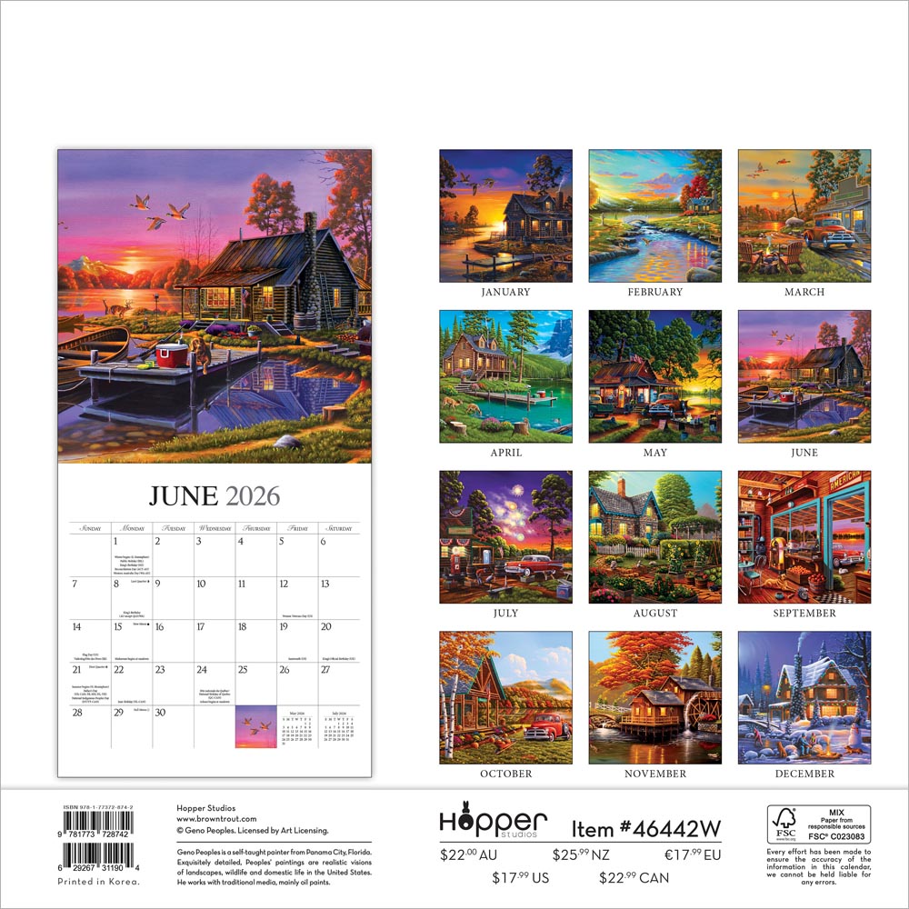 Vintage Country | 2026 12 x 24 Inch (Hanging) Monthly Square Wall Calendar | Featuring the Artwork of Geno Peoples