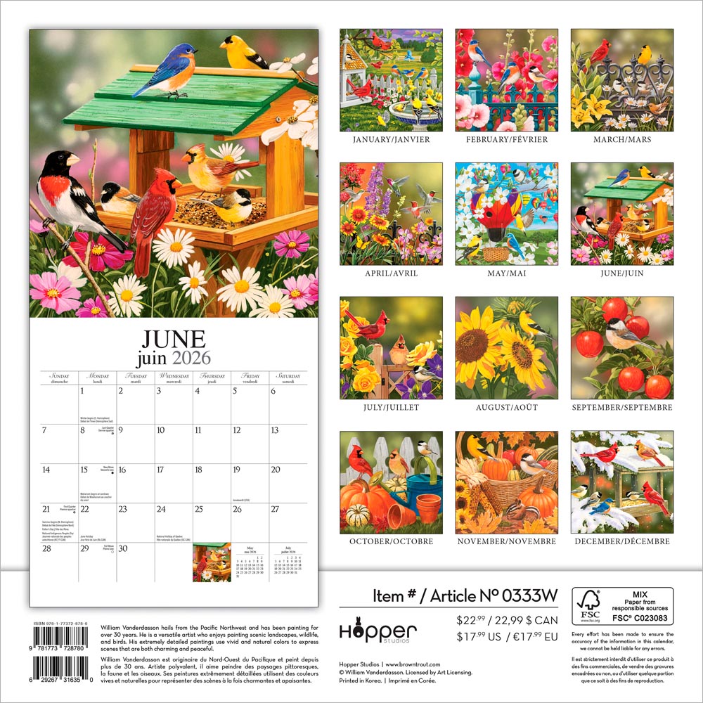 Feathered Friends | 2026 12 x 24 Inch (Hanging) Monthly Square Wall Calendar | Featuring the Artwork of William Vanderdasson | English/French Bilingual