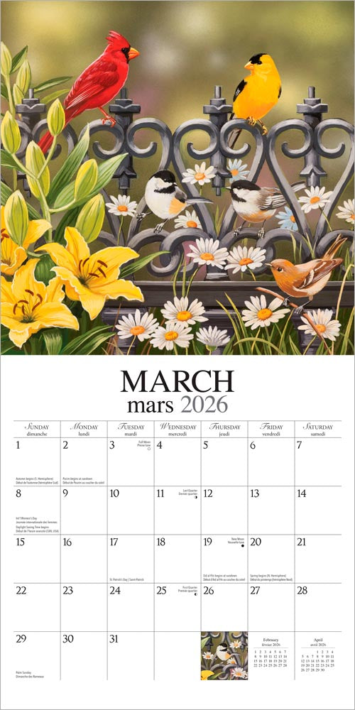 Feathered Friends | 2026 12 x 24 Inch (Hanging) Monthly Square Wall Calendar | Featuring the Artwork of William Vanderdasson | English/French Bilingual